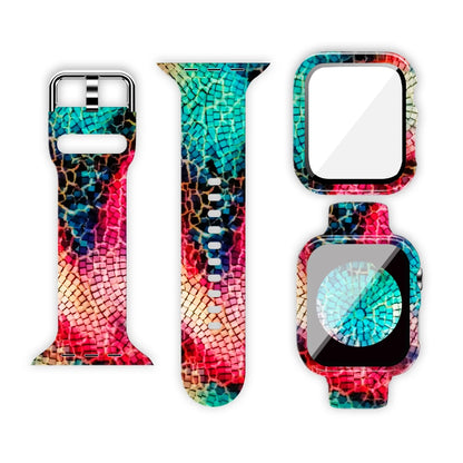 Vibrant printed Apple Watch silicone strap with mosaic design, showcasing style and comfort for everyday wear.