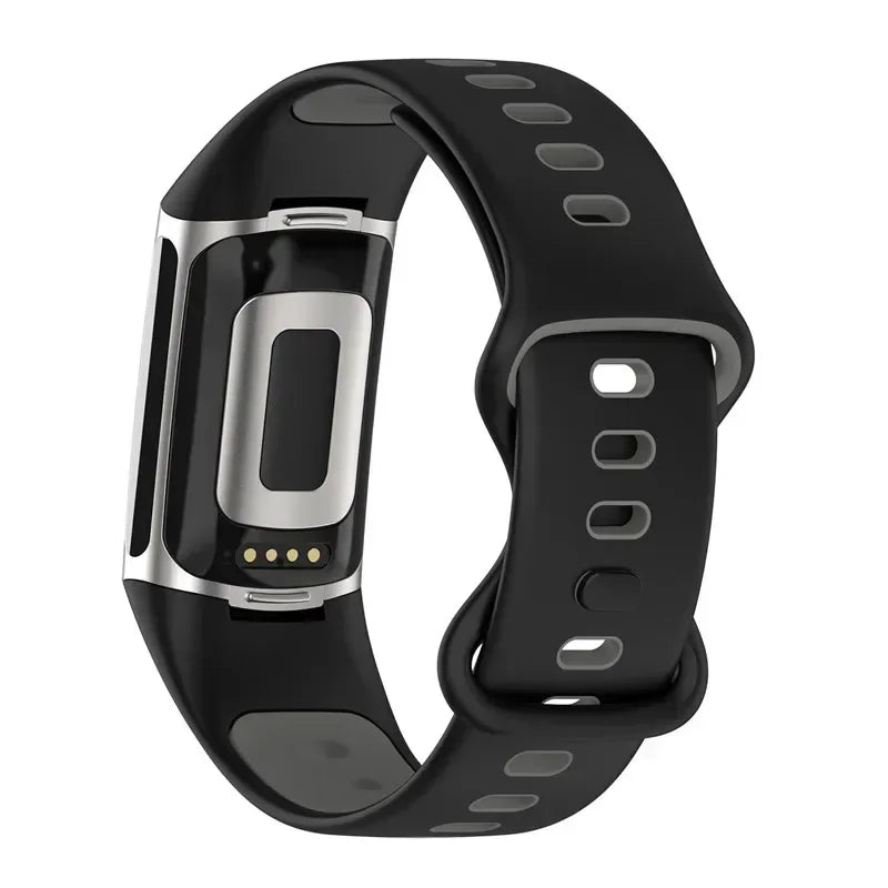 Fitbit Charge 5 black soft silicone strap, stylish and durable smartwatch band for comfort and flexibility.