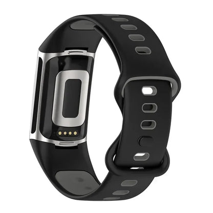 Fitbit Charge 5 black soft silicone strap, stylish and durable smartwatch band for comfort and flexibility.