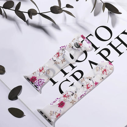 Apple Watch silicone strap with floral design on a stylish background, showcasing comfort and elegance.