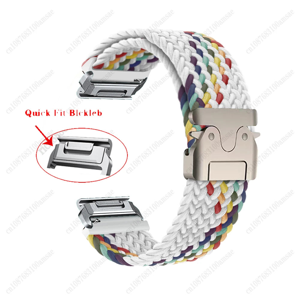 Garmin braided nylon strap in colorful design with Quick Fit buckle for smartwatches, showcasing durability and comfort.