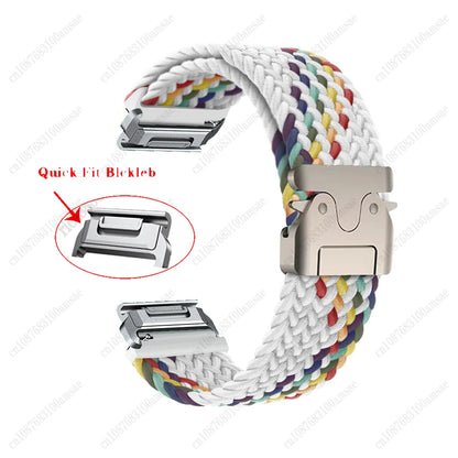 Garmin braided nylon strap in colorful design with Quick Fit buckle for smartwatches, showcasing durability and comfort.