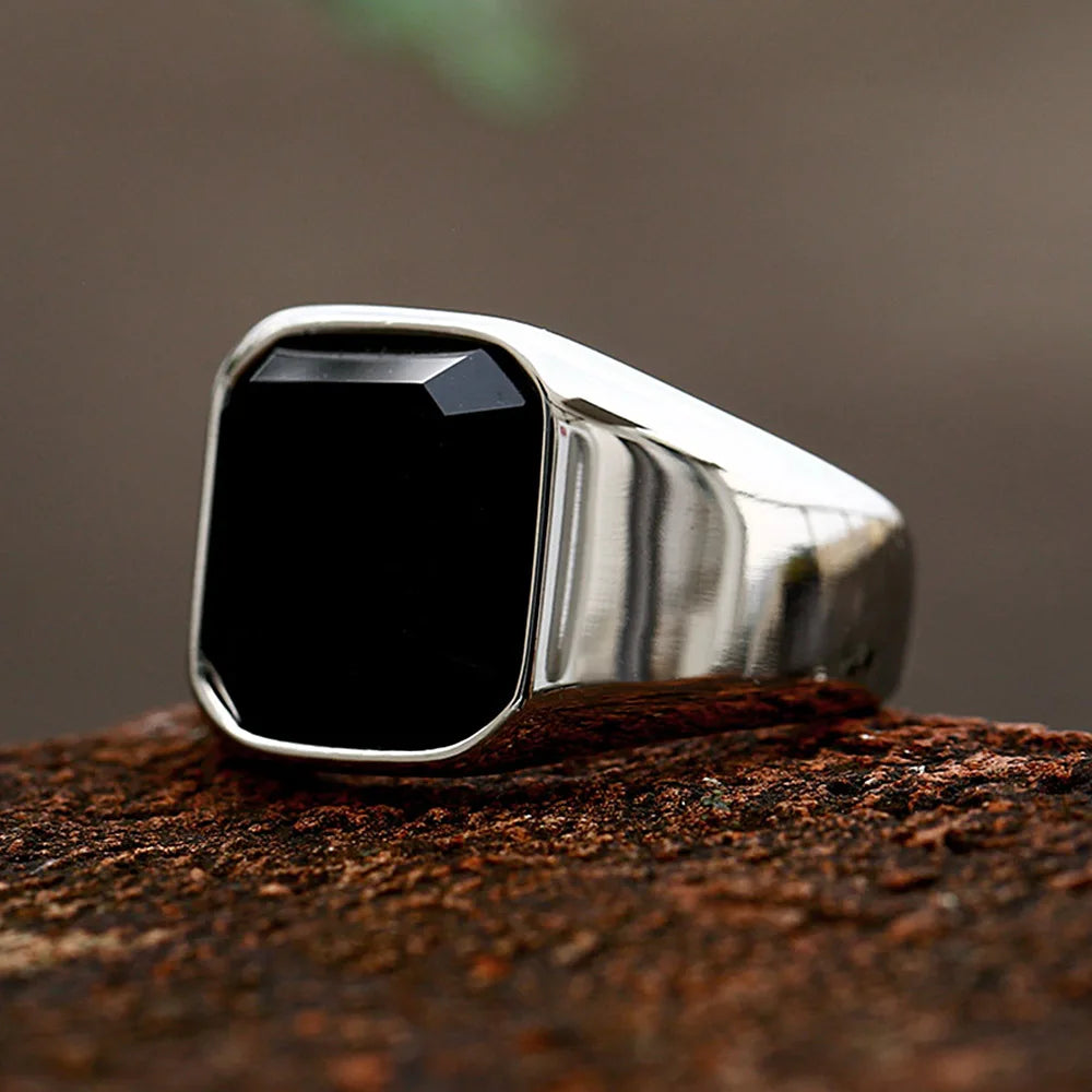 Black Agate Inlay Ring, Stainless Steel - view 2