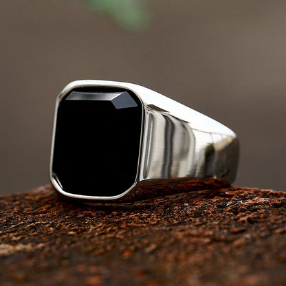 Black Agate Inlay Ring, Stainless Steel - view 2