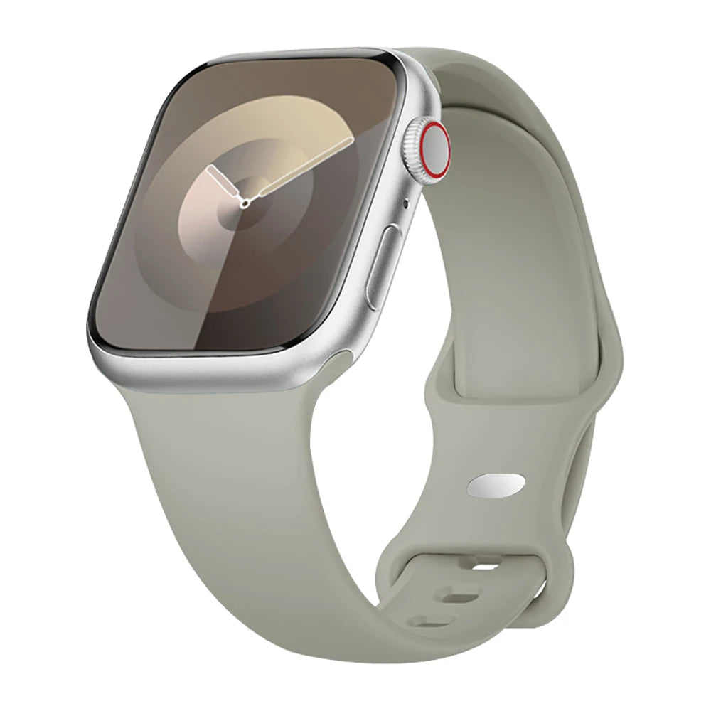 Apple Watch with soft flexible waterproof silicone strap in light gray, perfect for comfort and active lifestyles.