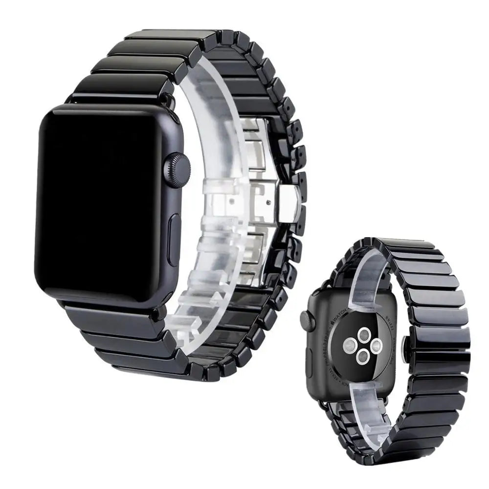 Black flat-link ceramic bracelet in front and rear views for Apple Watch