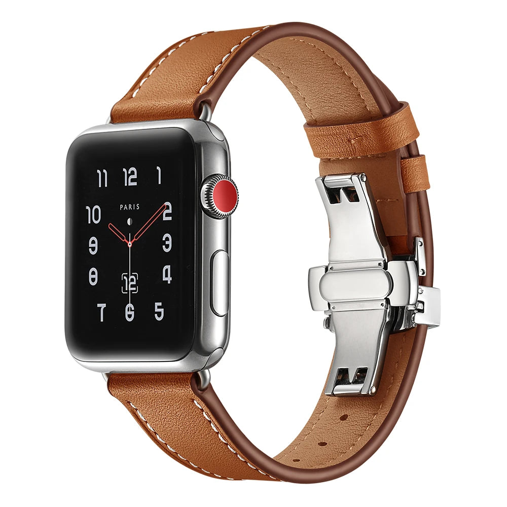 Tan leather band showing folding-clasp construction for Apple Watch