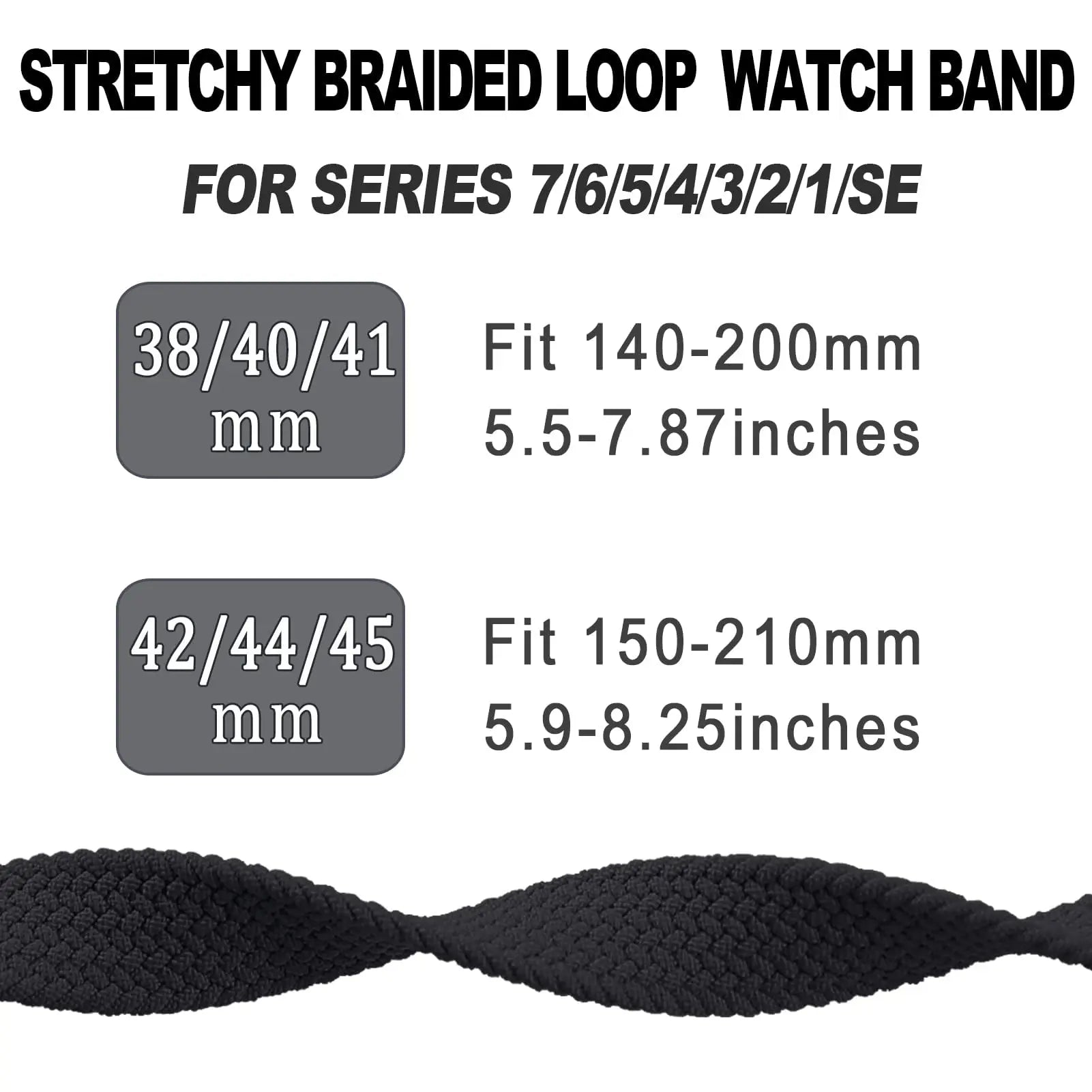 Stretchy braided loop watch band sizes for Apple Watch Series 7/6/5/4/3/2/1/SE, black design, adjustable fit.