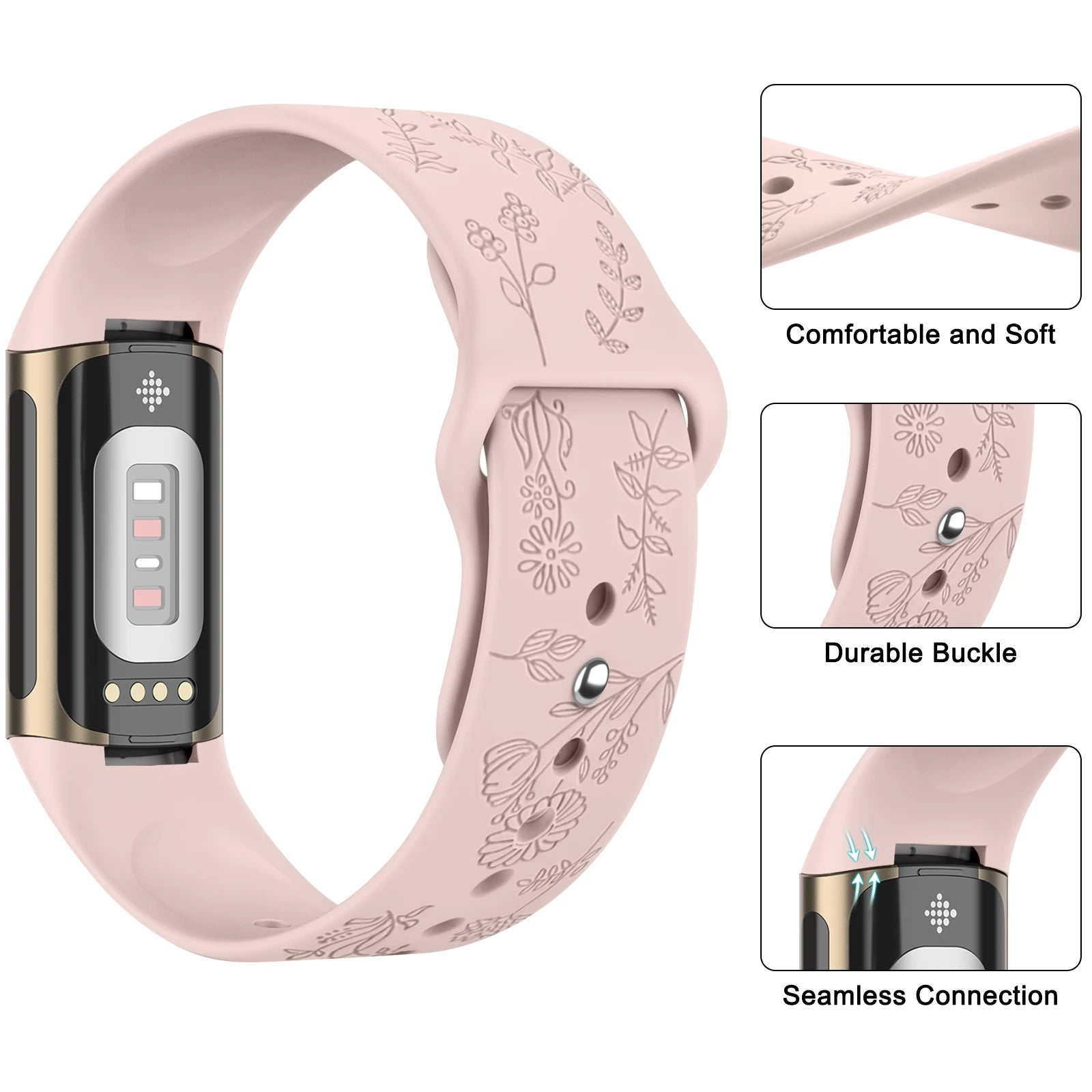 Silicone Flower Engraved Band for Fitbit Charge 5 and 6, soft and comfortable smartwatch strap with durable buckle.