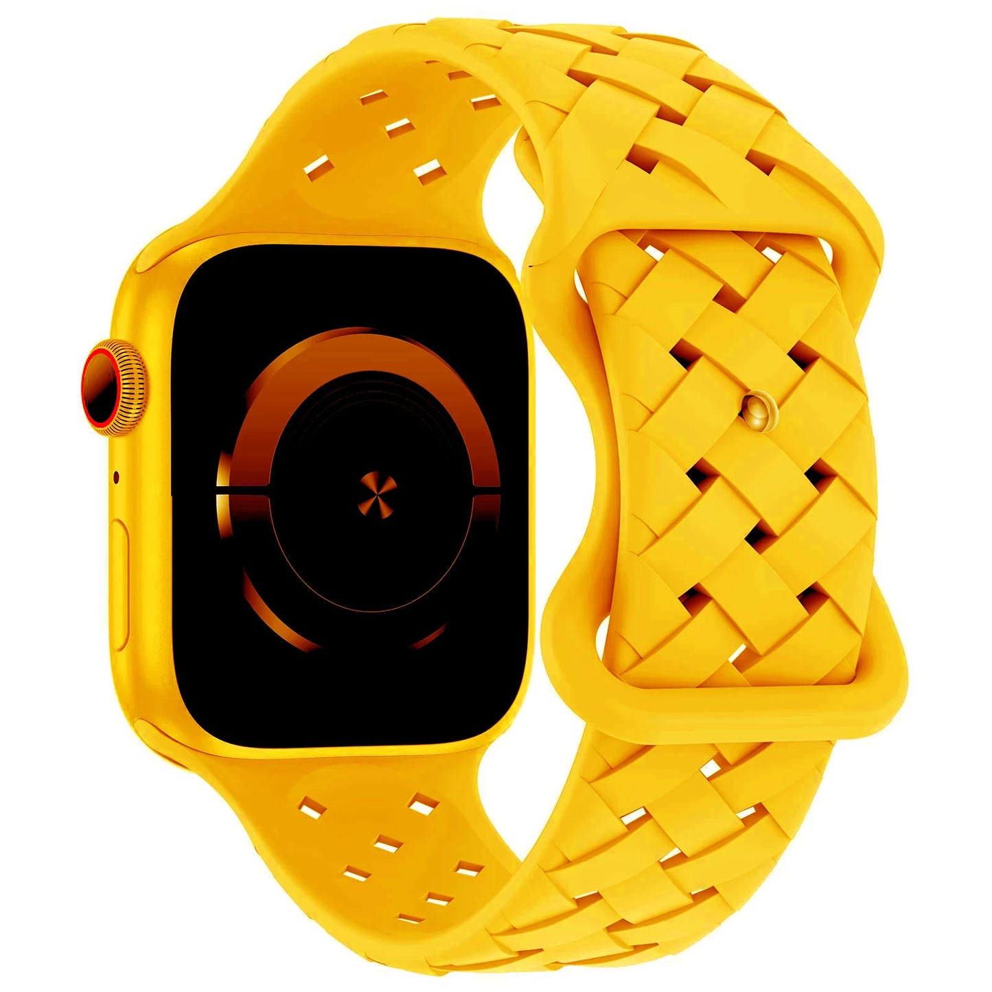 Bright yellow braided silicone strap for Apple Watch, sporty and breathable design for active lifestyles.