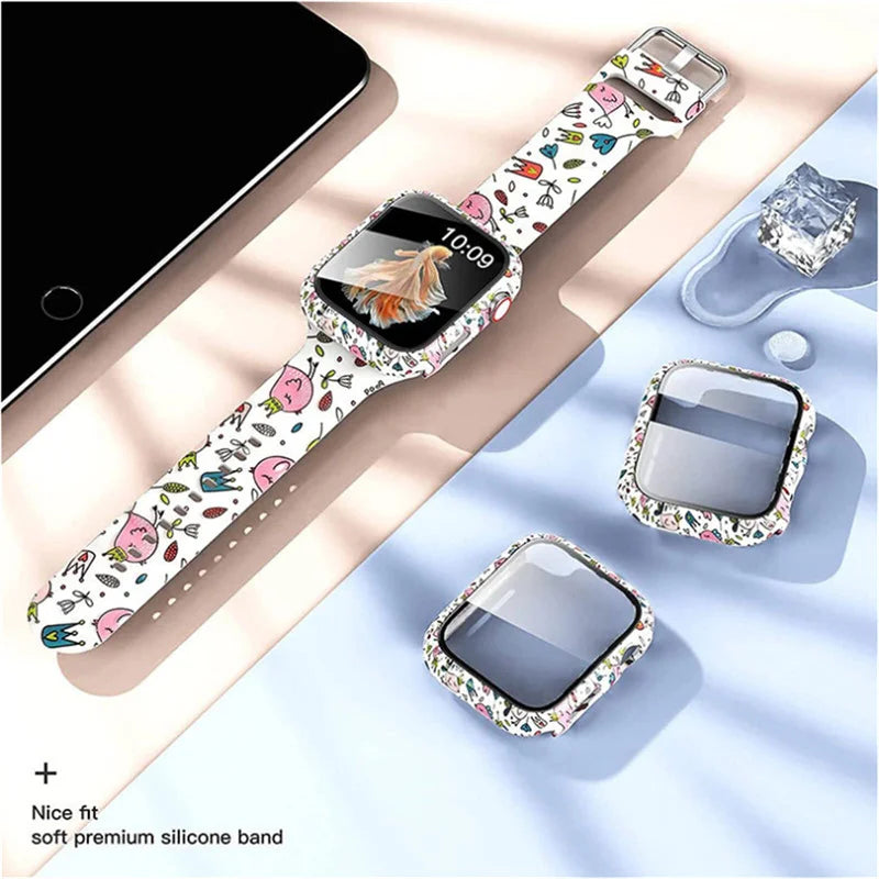 Black floral printed band and matching case on a tabletop for Apple Watch