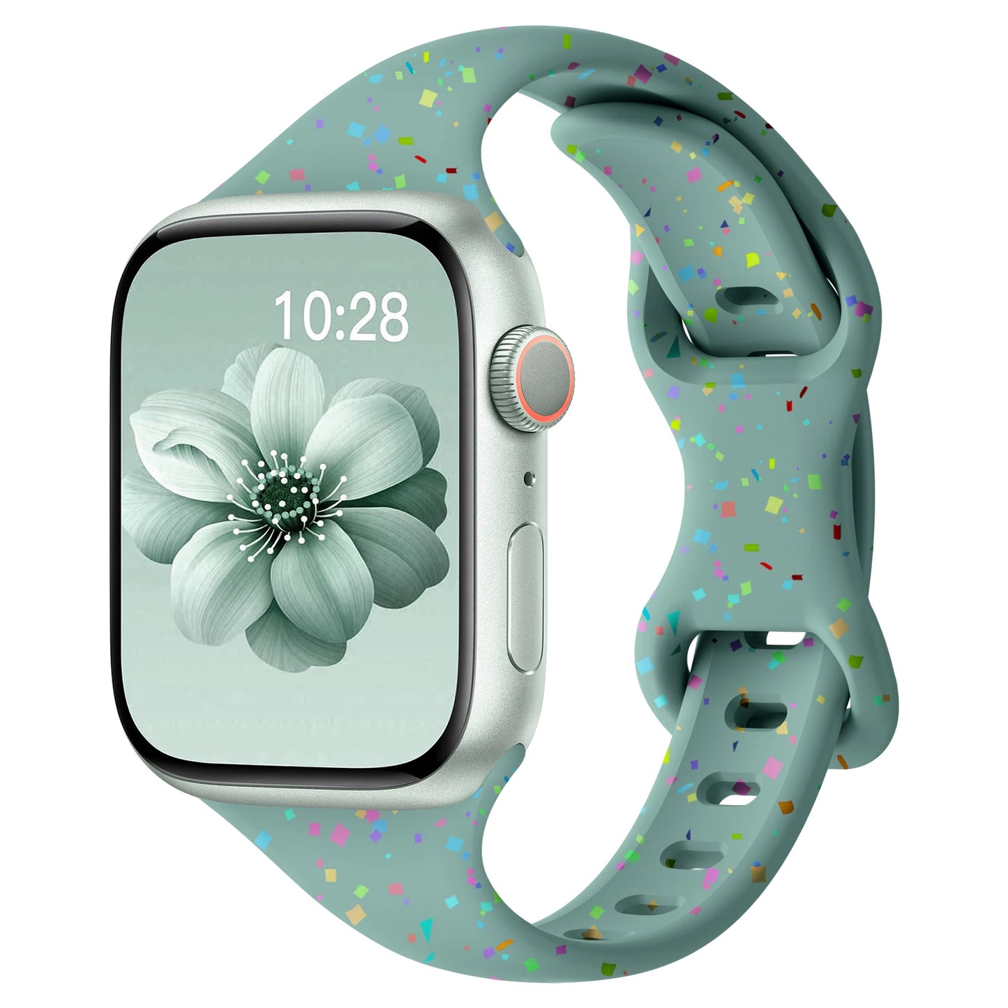 Apple Watch silicone band in soft blue with colorful speckles, showcasing its comfort and flexible design.