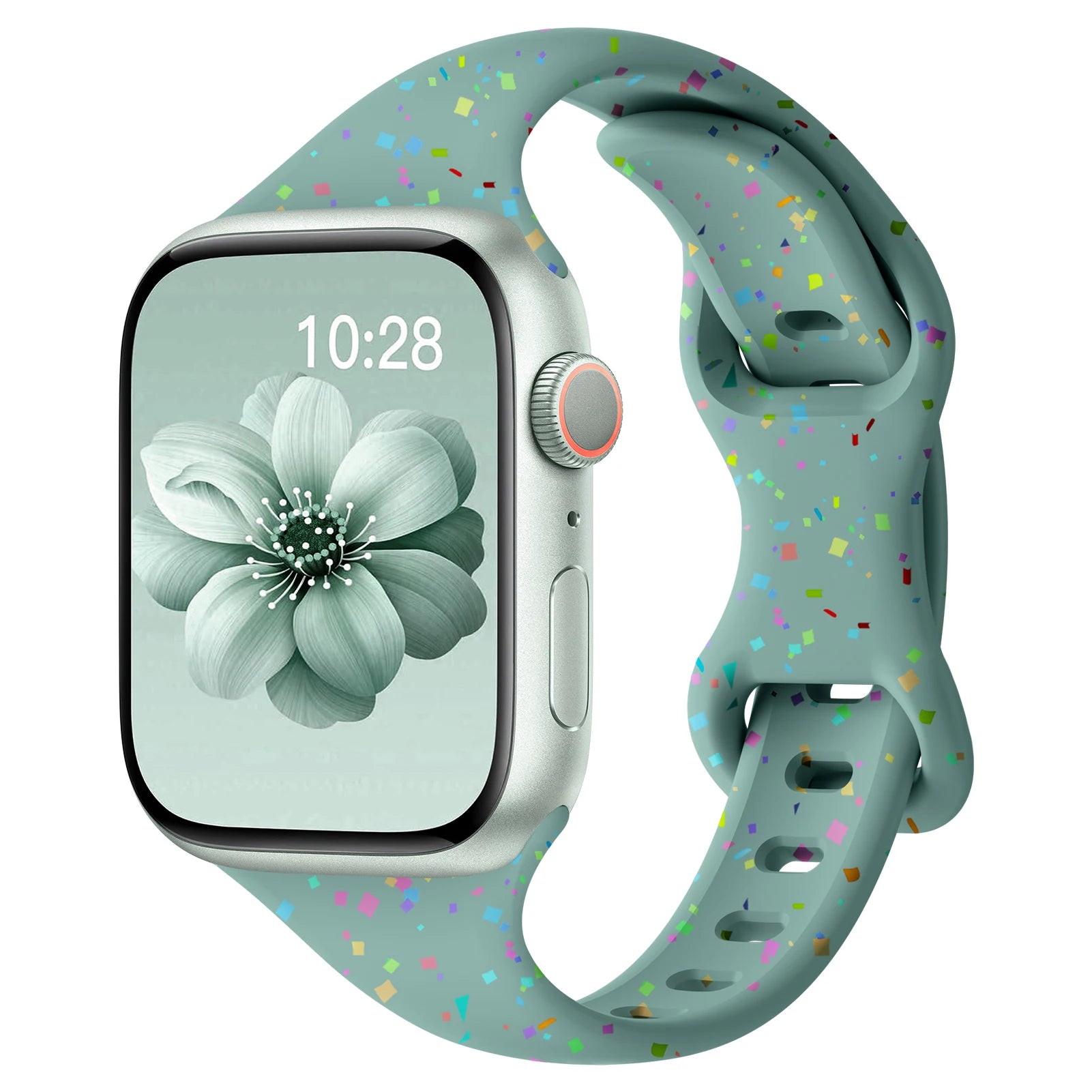 Apple Watch silicone band in soft blue with colorful speckles, showcasing its comfort and flexible design.