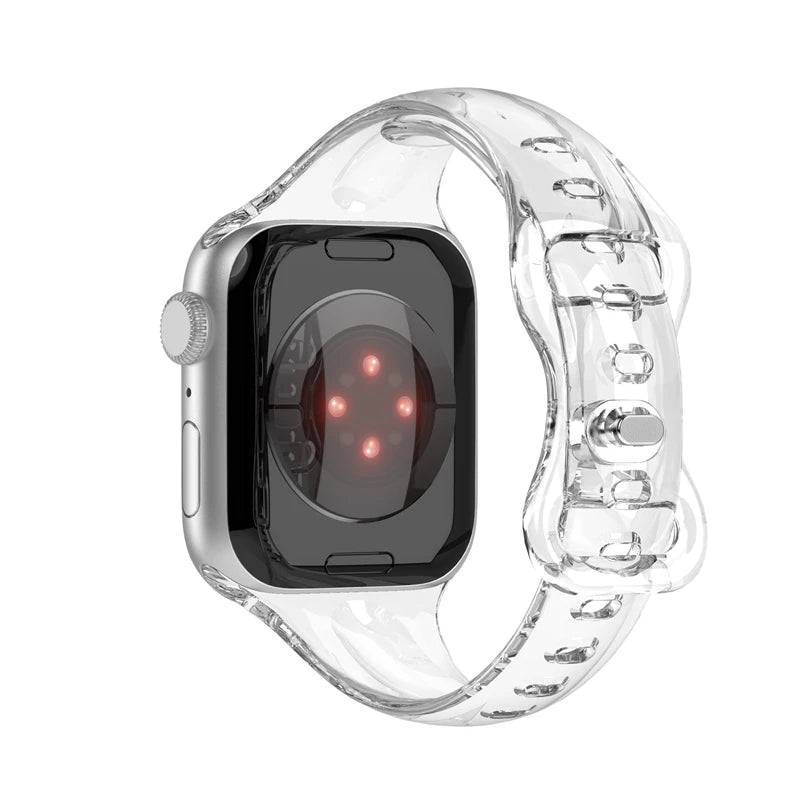 Apple Watch with transparent soft rubber strap, showcasing its sleek clear design and comfortable fit.