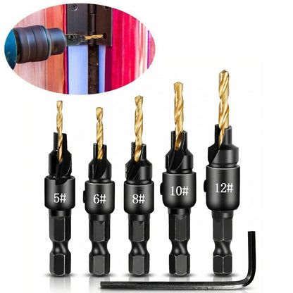 Countersink drill bit set, 5 bits for #5 to #12 screws, with hex key