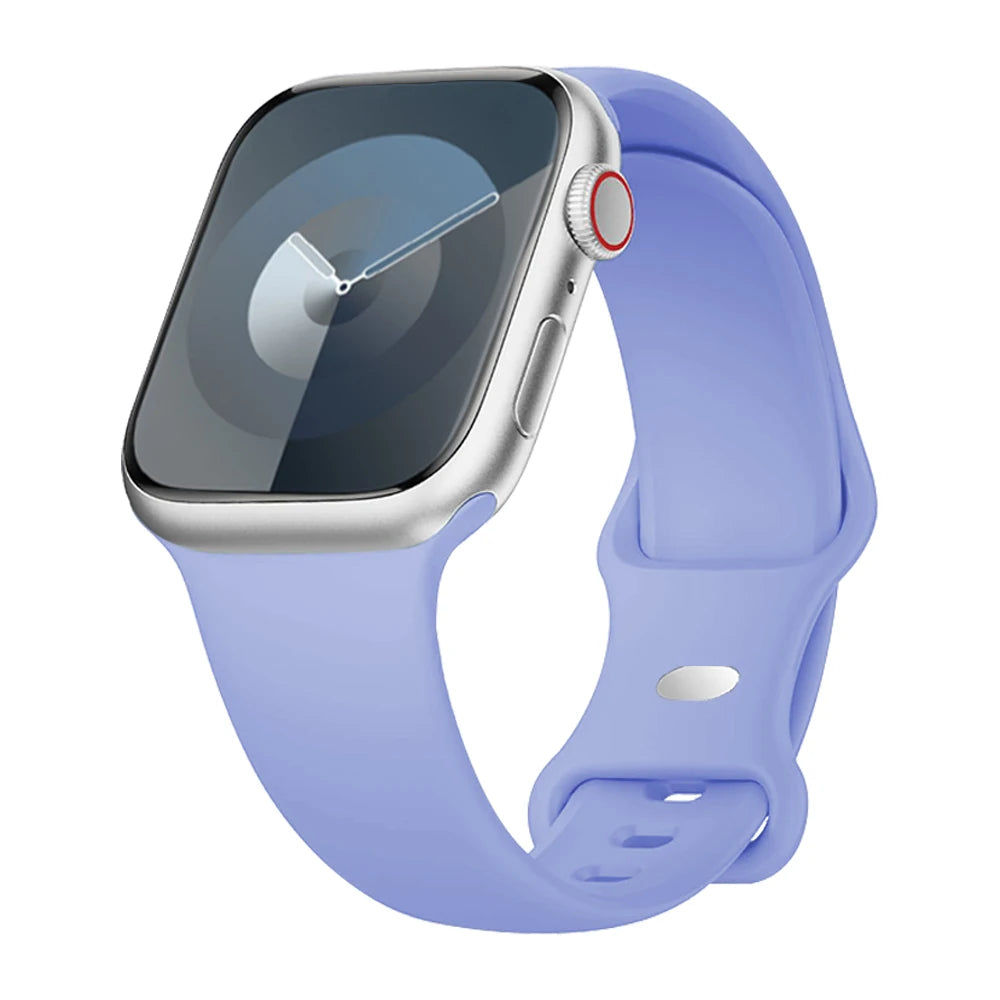 Apple Watch with a soft flexible blue silicone strap for comfort and waterproof functionality.