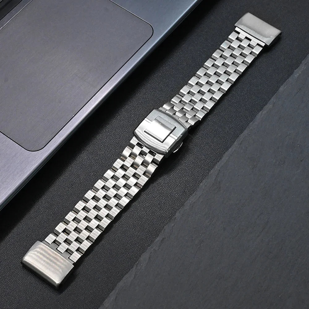 Garmin stainless steel smartwatch strap, durable replacement band with quickfit technology, designed for comfort and style.