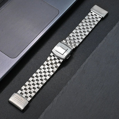Garmin stainless steel smartwatch strap, durable replacement band with quickfit technology, designed for comfort and style.