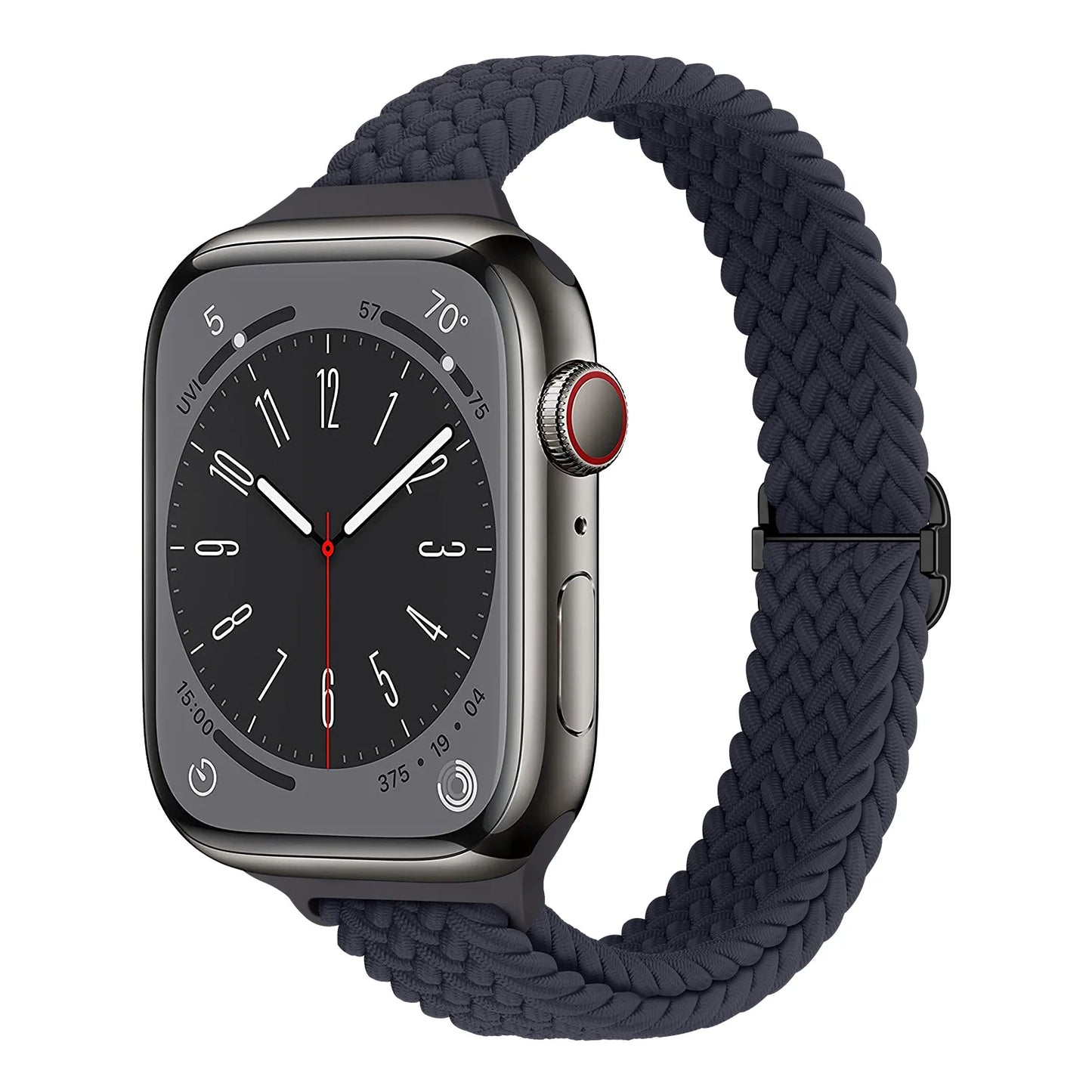 Apple Watch with soft breathable nylon braided strap in dark color, showcasing style and comfort for all-day wear.
