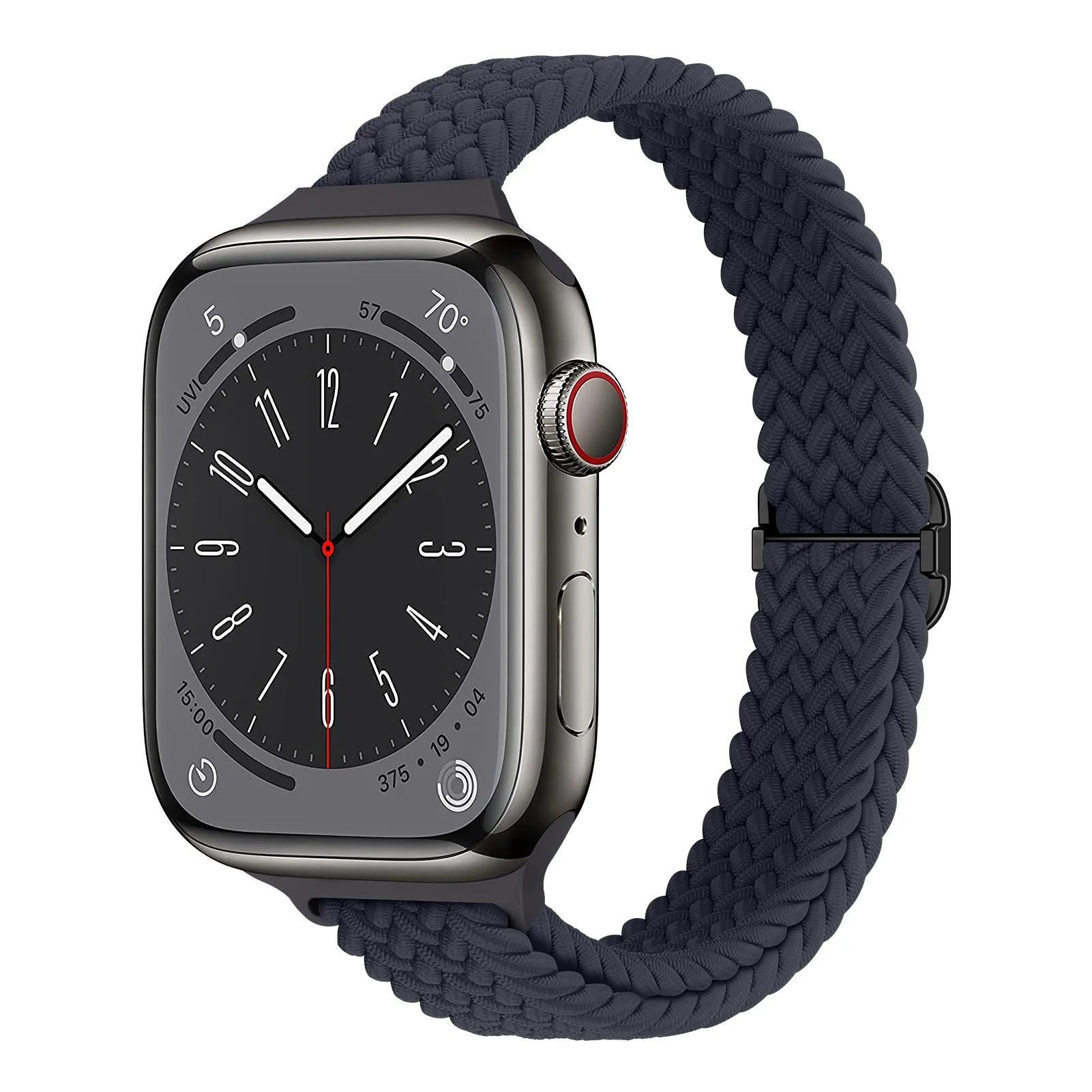 Apple Watch with soft breathable nylon braided strap in dark color, showcasing style and comfort for all-day wear.