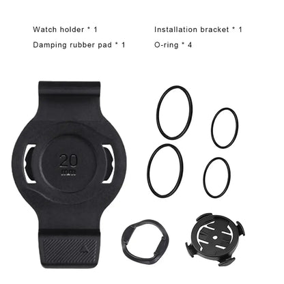 Garmin smartwatch bike mount accessories including watch holder, damping rubber pad, installation bracket, and O-rings.