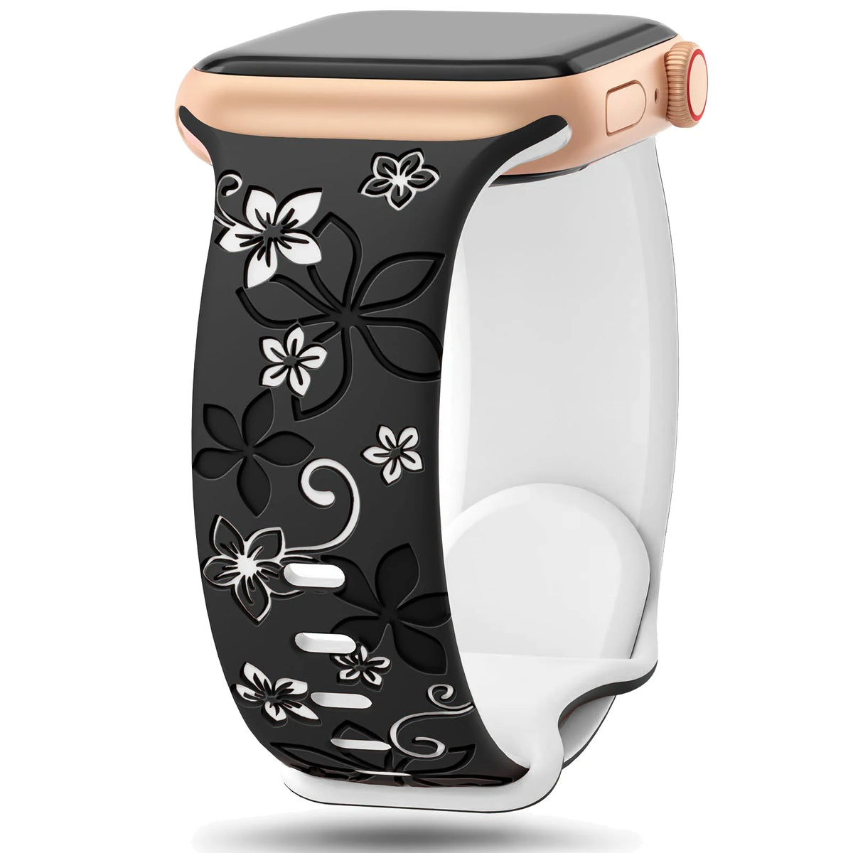 Two-Tone Engraved Floral Silicone Apple Watch Band in Black / White
