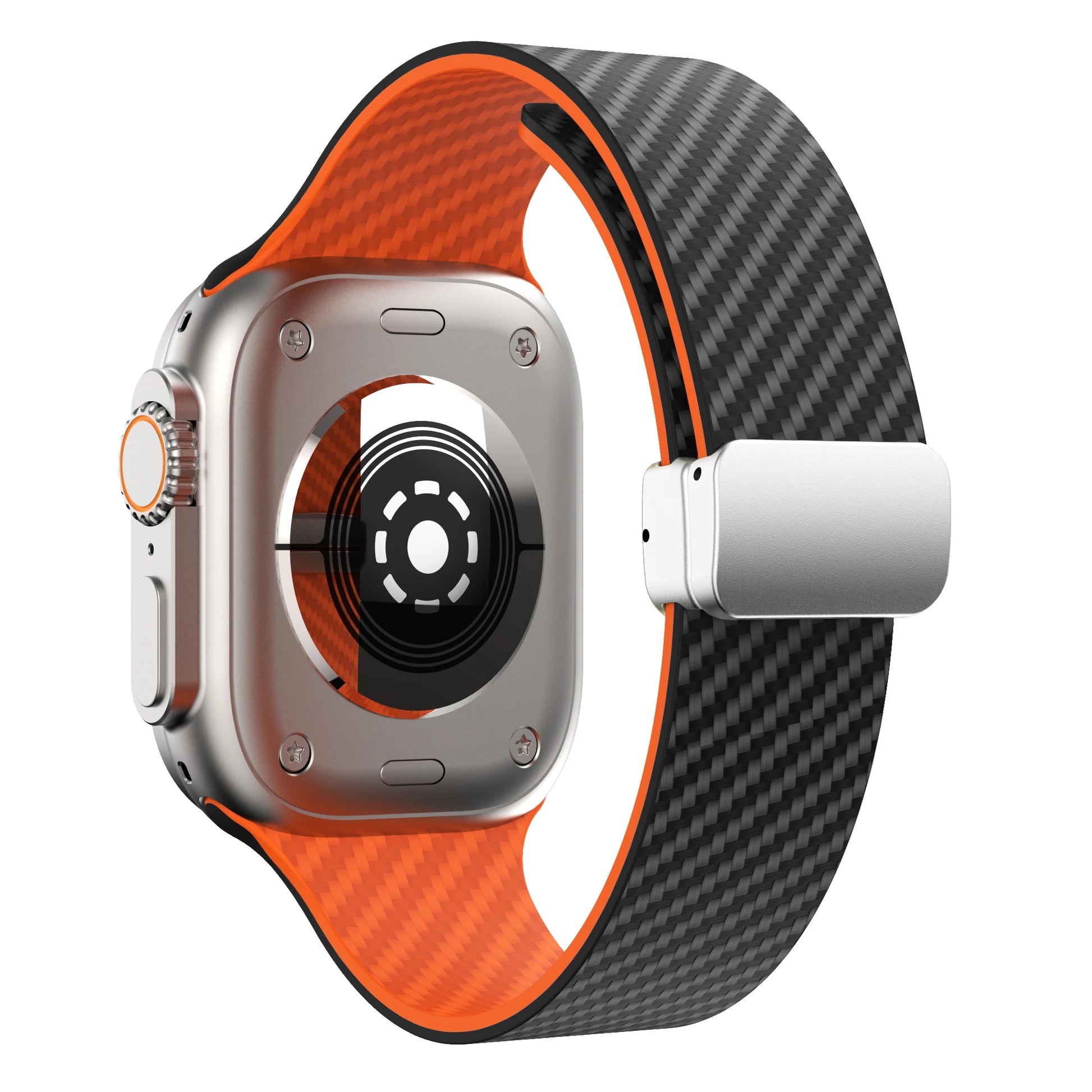 Apple Watch Silicone Strap with magnetic buckle in black and orange, showcasing durable design and secure fit.