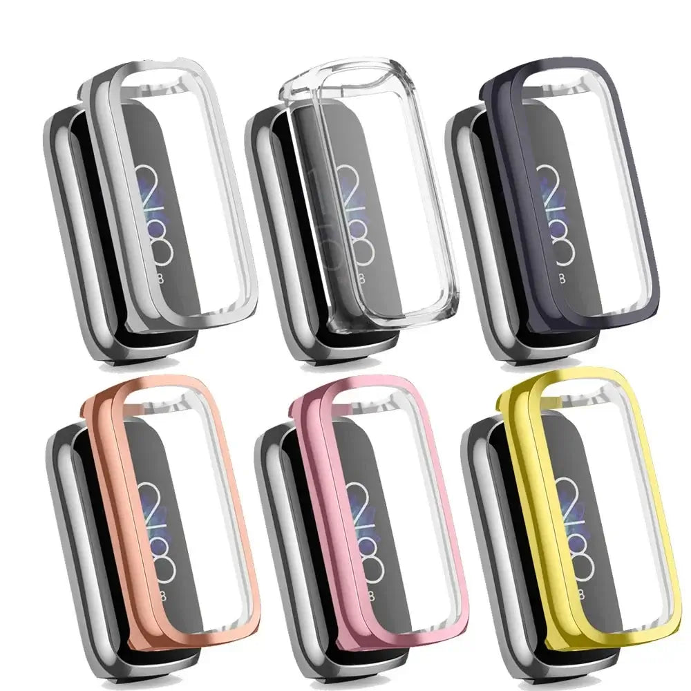 Six stylish cases for Fitbit Luxe in black, clear, navy, rose gold, pink, and yellow, showcasing premium design and protection.
