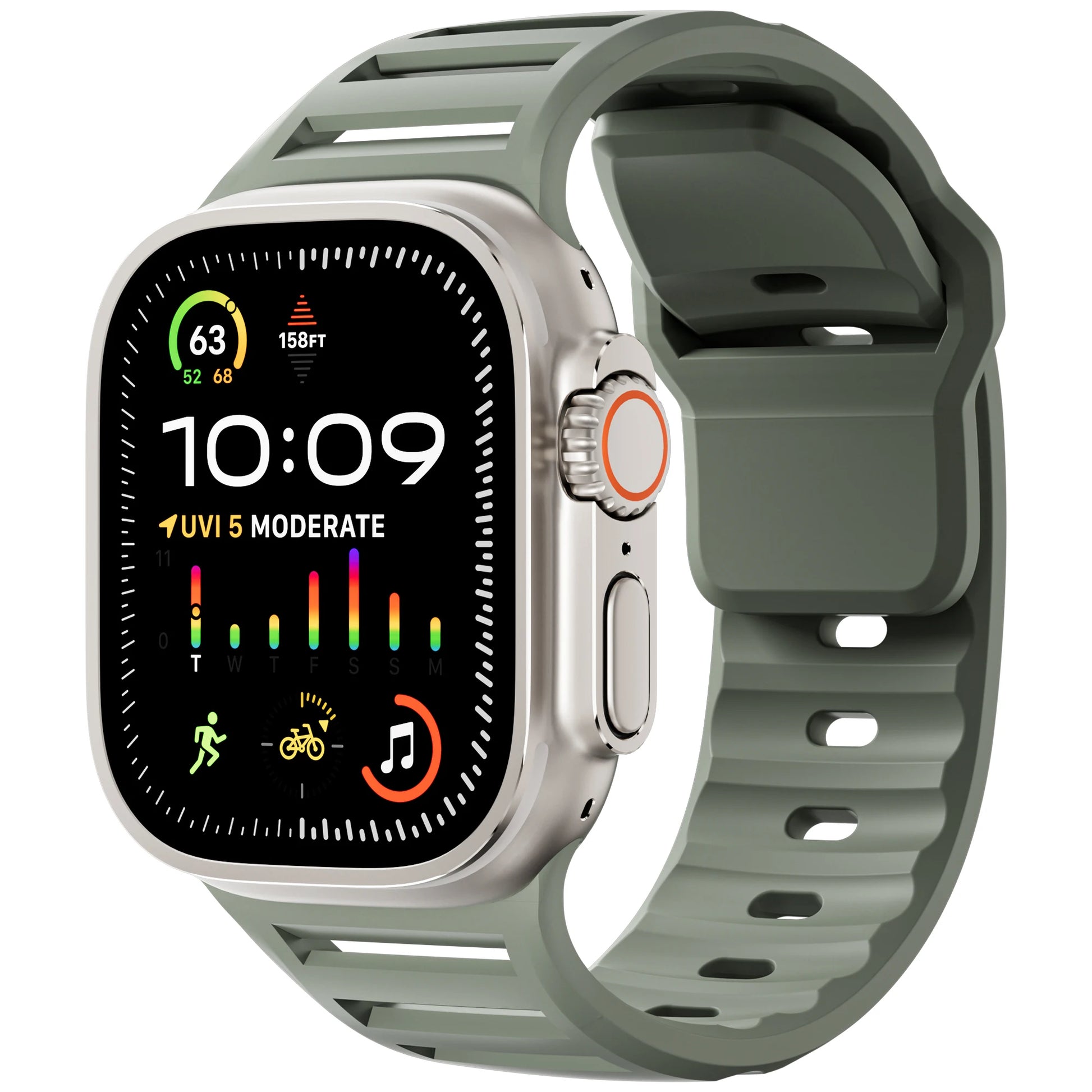 Apple Watch with sport silicone strap, showcasing a flexible and waterproof band ideal for active lifestyles.