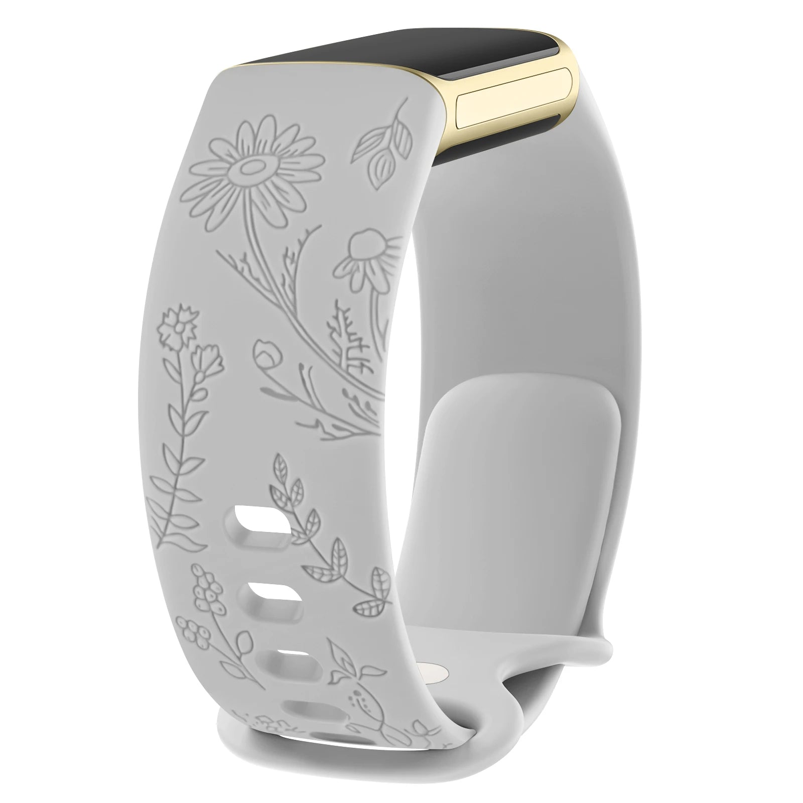 Stylish silicone flower engraved band for Fitbit Charge 5 and 6, comfortable smartwatch strap, fitness tracker accessory.