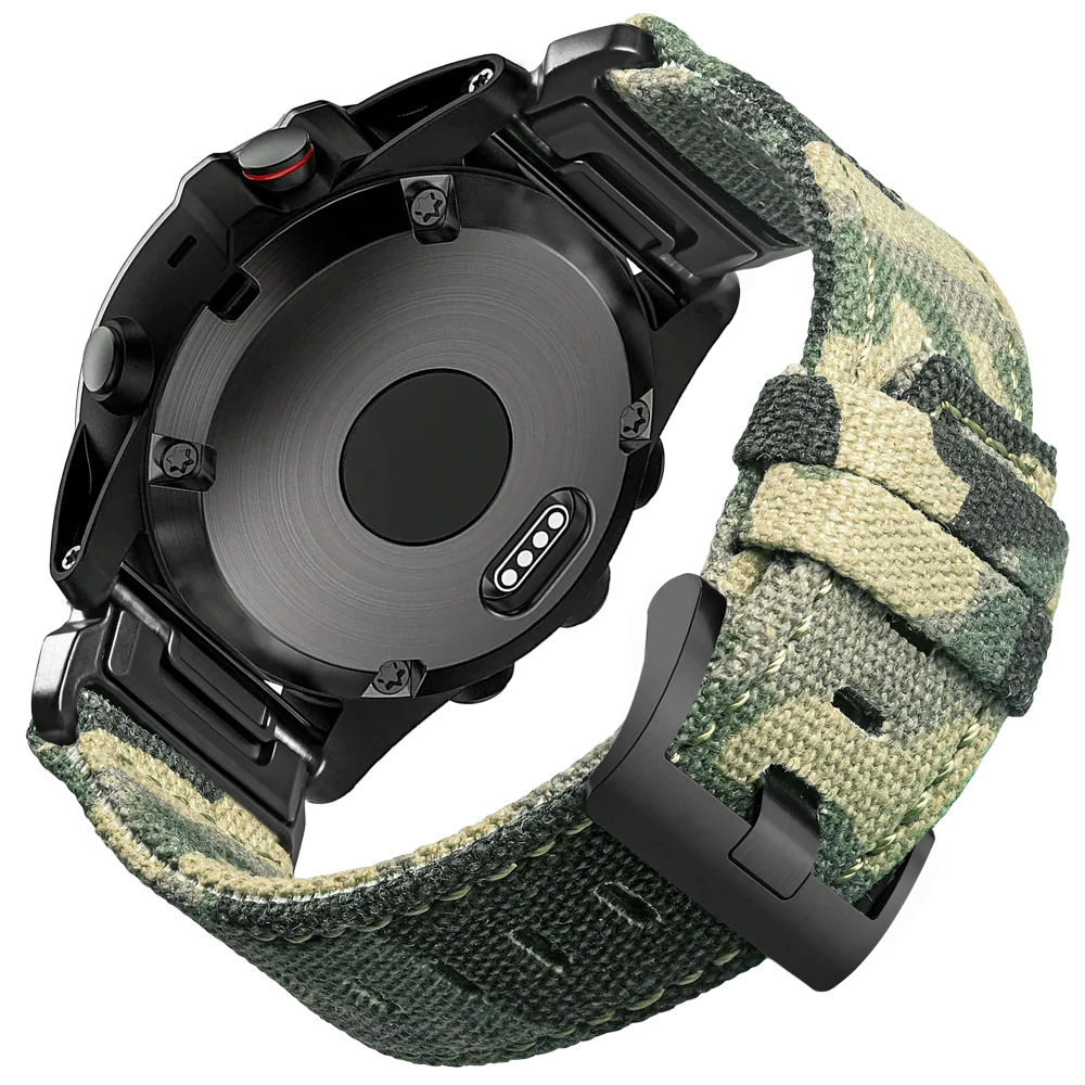 Garmin smartwatch with rugged nylon sport band in green camo pattern, highlighting secure G-hook closure and durable design.