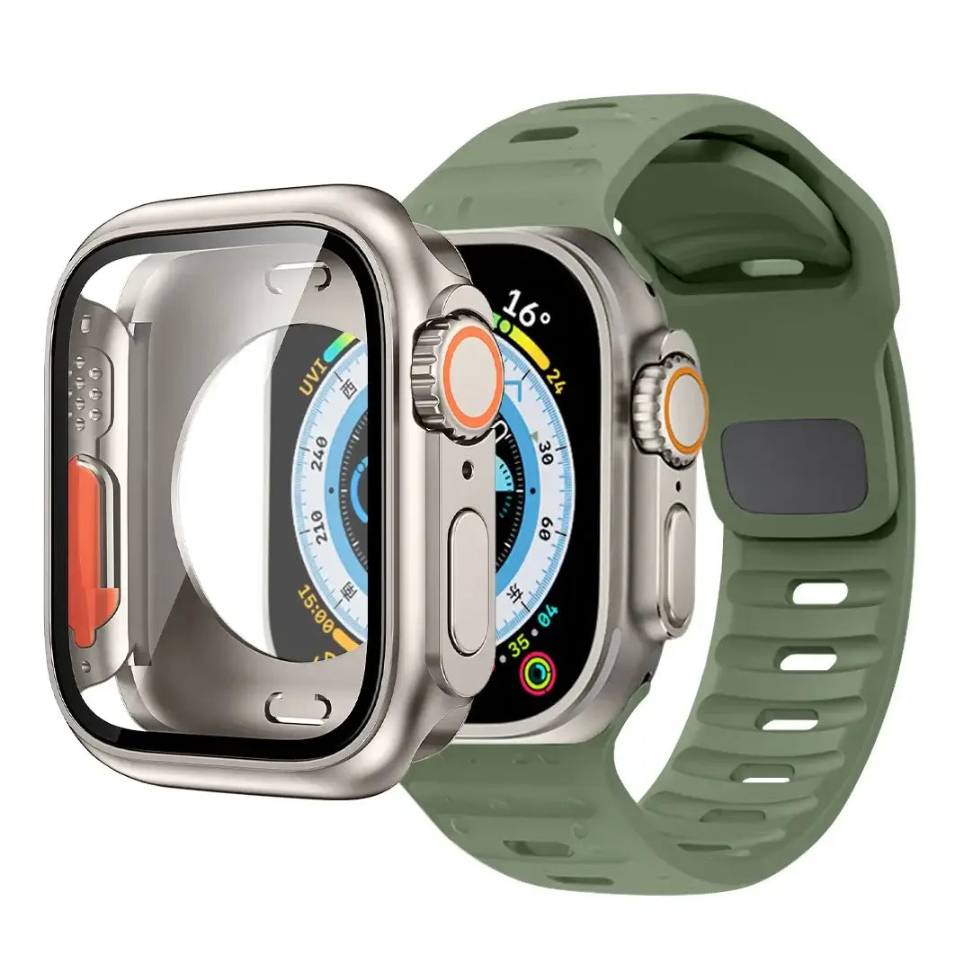 Olive Green slotted silicone Apple Watch band with coordinating case