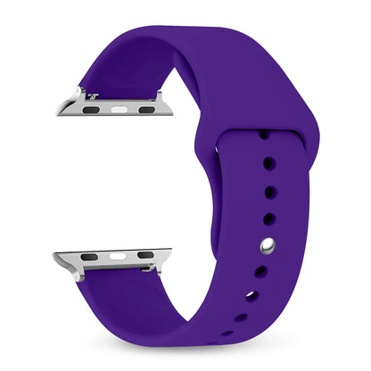 Purple silicone strap for Apple Watch, comfortable and waterproof, ideal for workouts and casual wear.