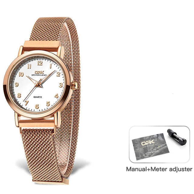 Women's Arabic Numeral Mesh Quartz Watch — Rose gold-tone mesh watch front view — BandsCo Straps