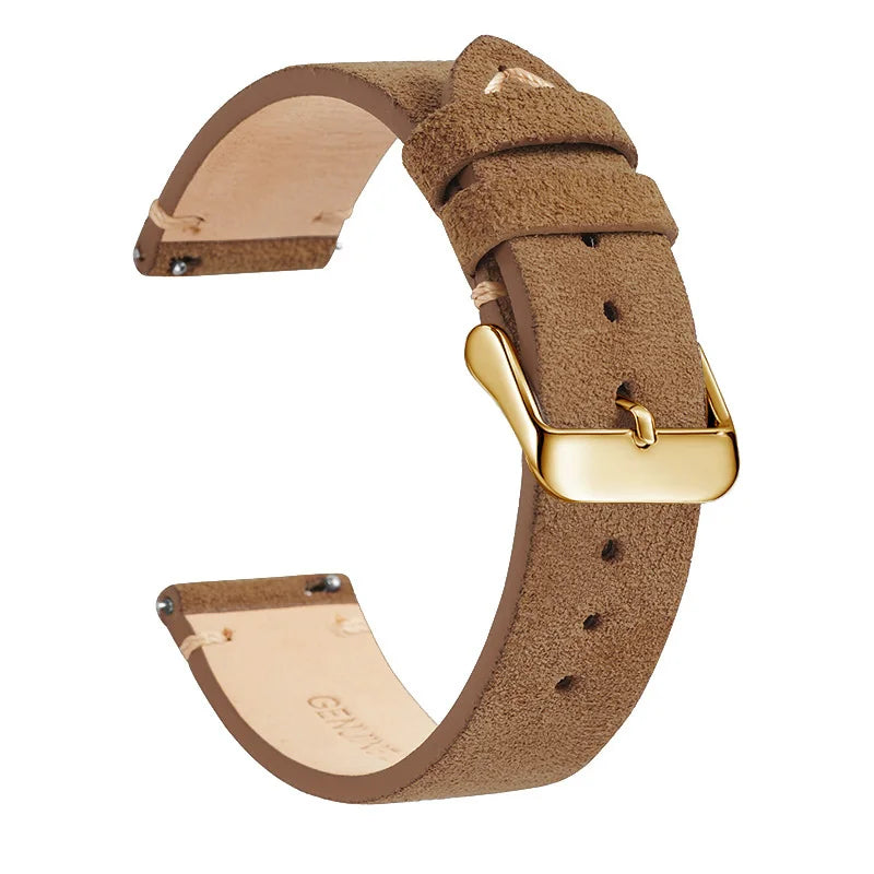 OnePlus Leather Quick Release Watch Band Strap for Smartwatch in brown suede with gold buckle details.