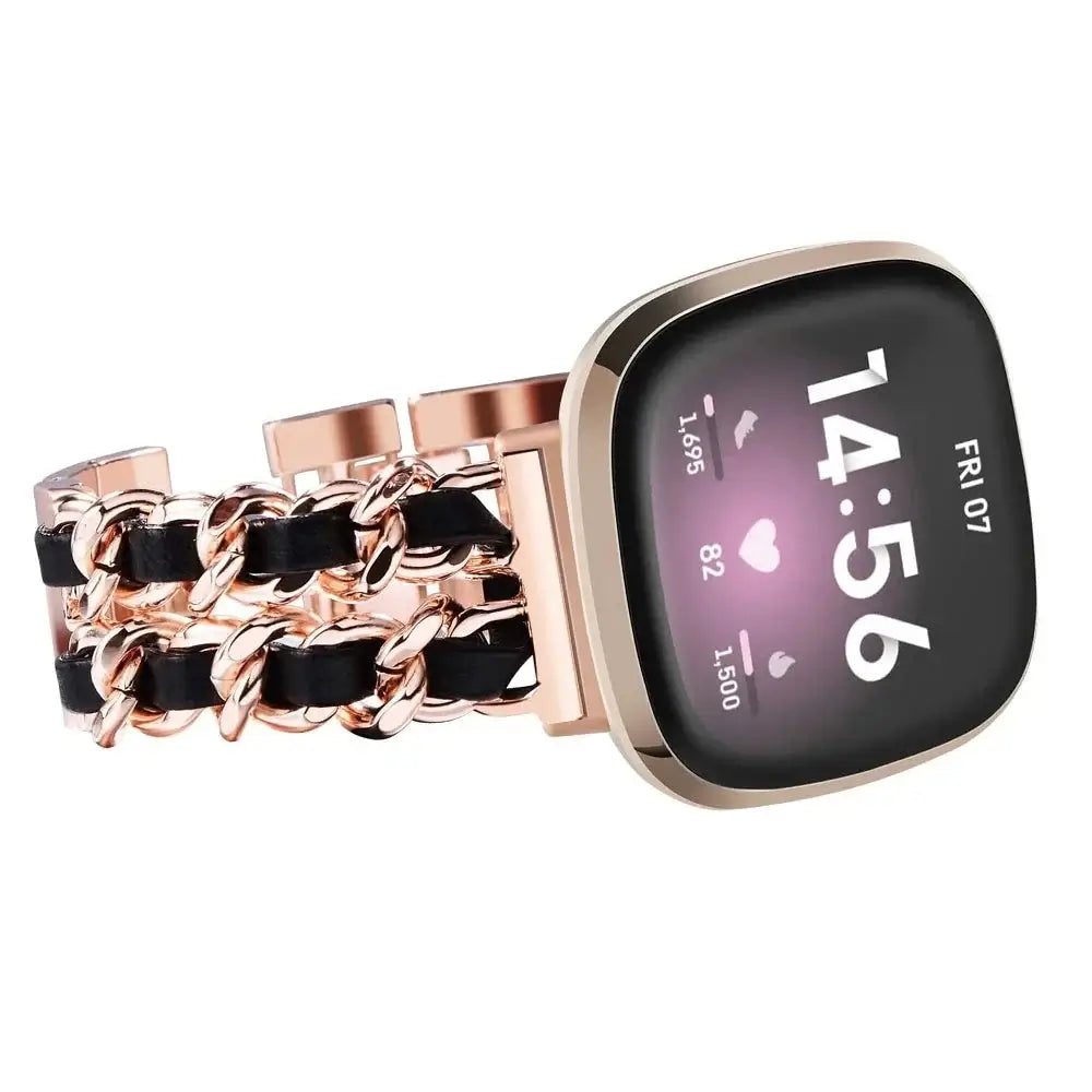 Fitbit Versa & Sense Leather-Woven Chain Band - Rose gold chain with black leather detail