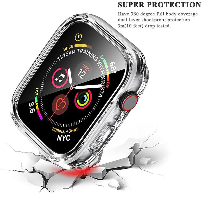 Clear protective case for Apple Watch with full-body coverage and drop protection highlighted.