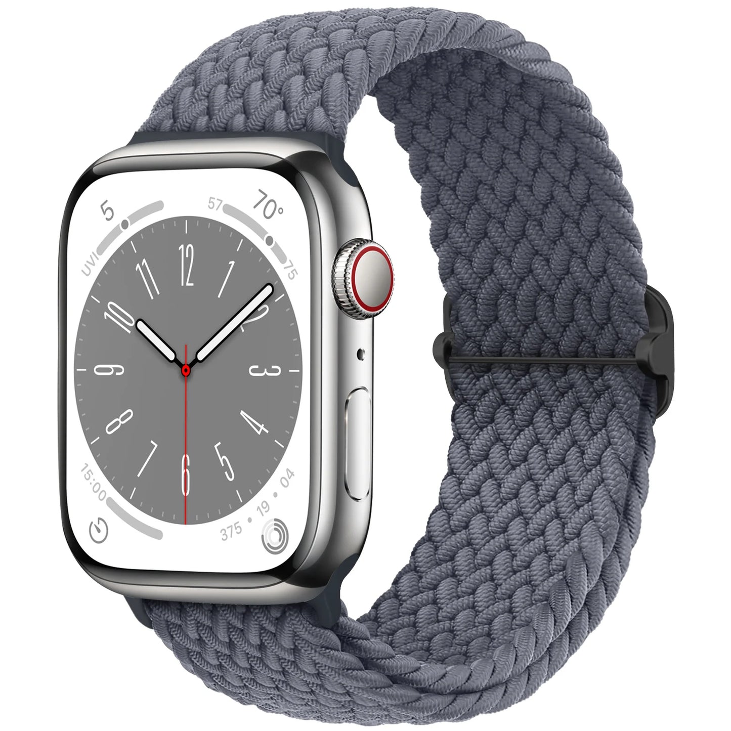 Apple Watch with braided gray nylon strap, showcasing comfort and style for daily wear.