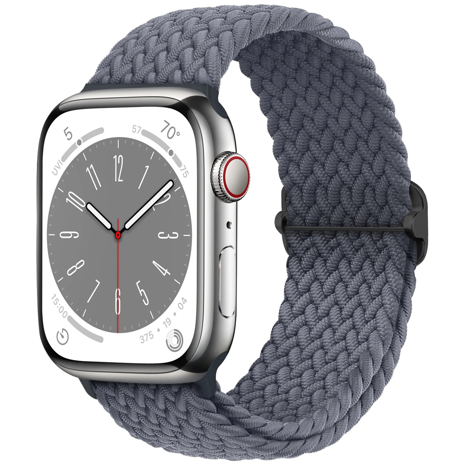 Apple Watch with braided gray nylon strap, showcasing comfort and style for daily wear.