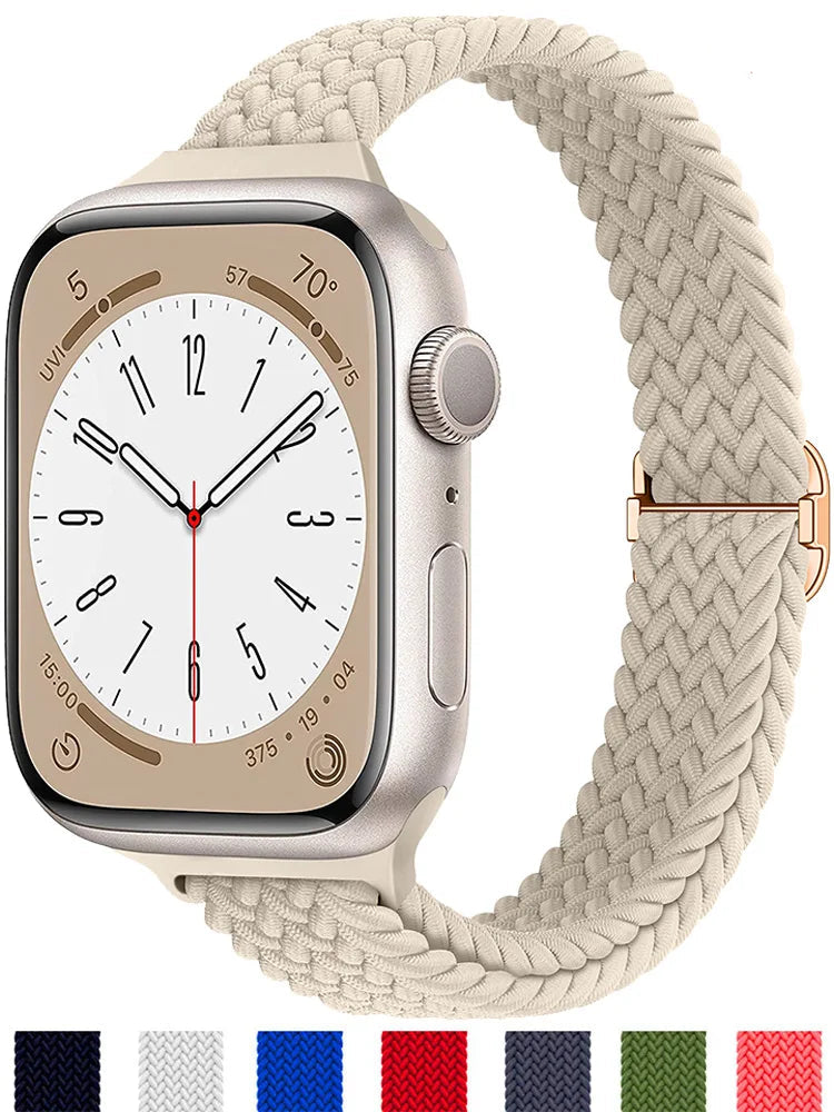 Apple Watch with a soft, breathable braided nylon band in beige, featuring a stylish adjustable design.