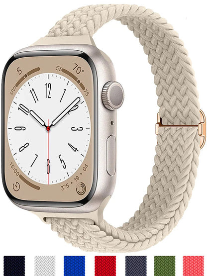 Apple Watch with a soft, breathable braided nylon band in beige, featuring a stylish adjustable design.