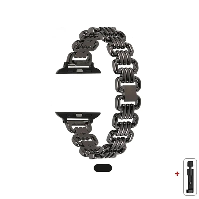 Apple Watch metal band in sleek black chain design, adjustable for comfort and style, perfect for daily wear.