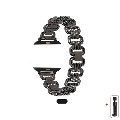 Apple Watch metal band in sleek black chain design, adjustable for comfort and style, perfect for daily wear.