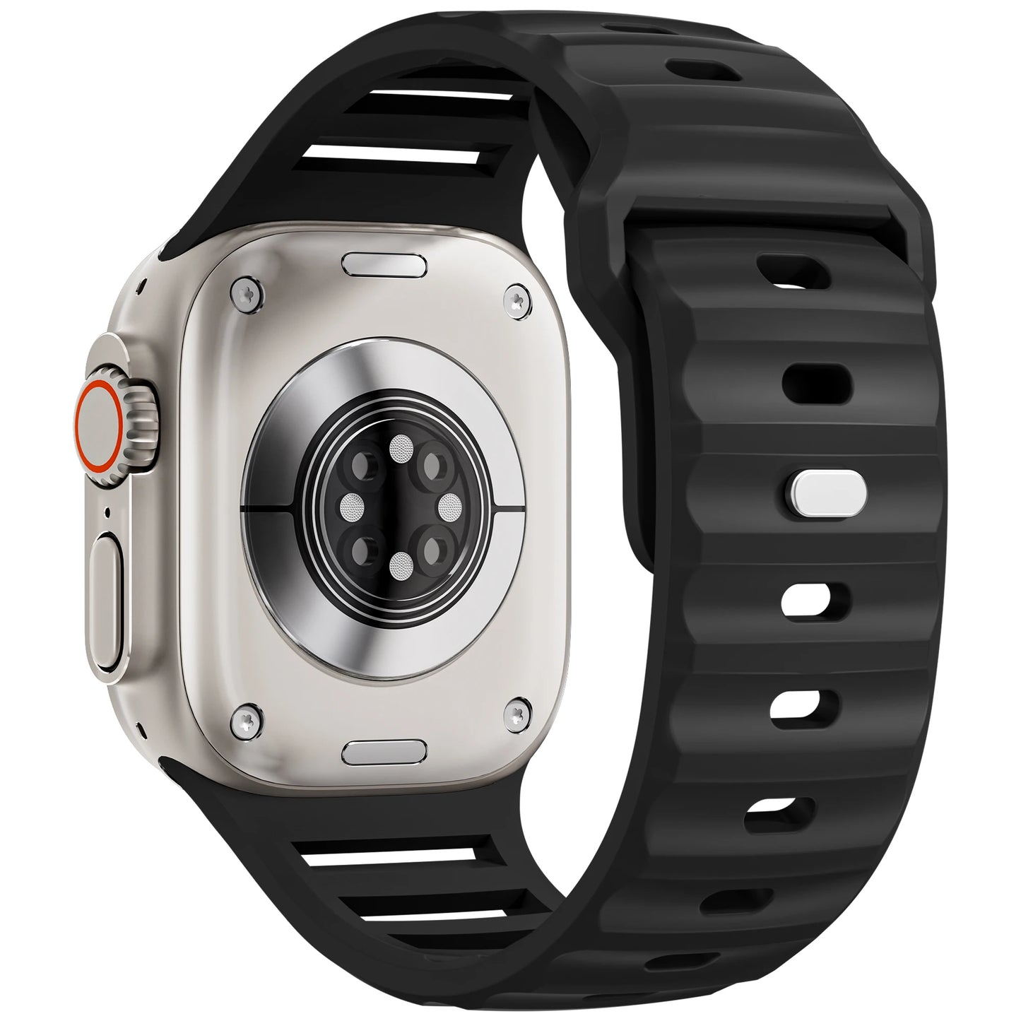 Apple Watch with black silicone sport strap, showcasing a flexible and waterproof design for active lifestyles.