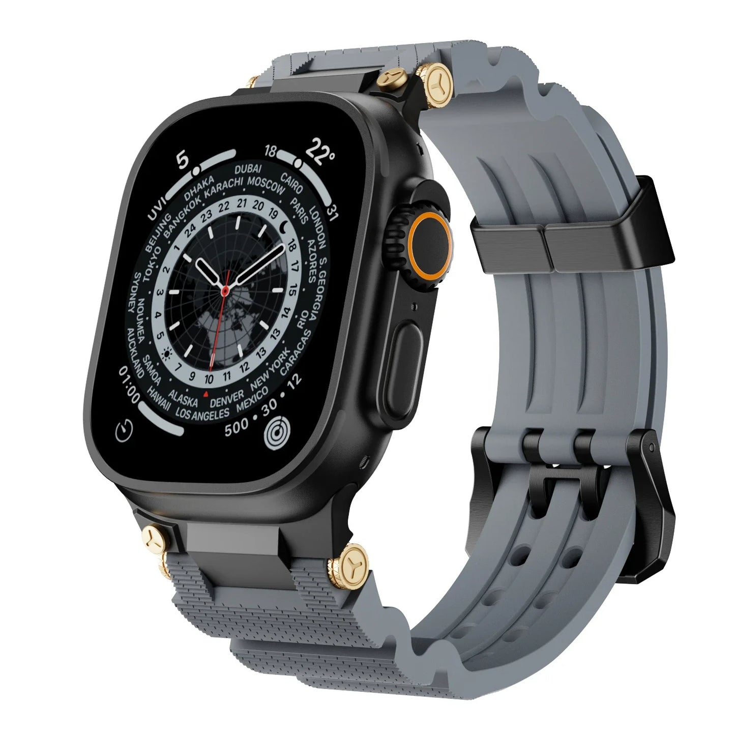 Apple Watch with gray silicone sports strap, waterproof, perfect for workouts and daily wear.