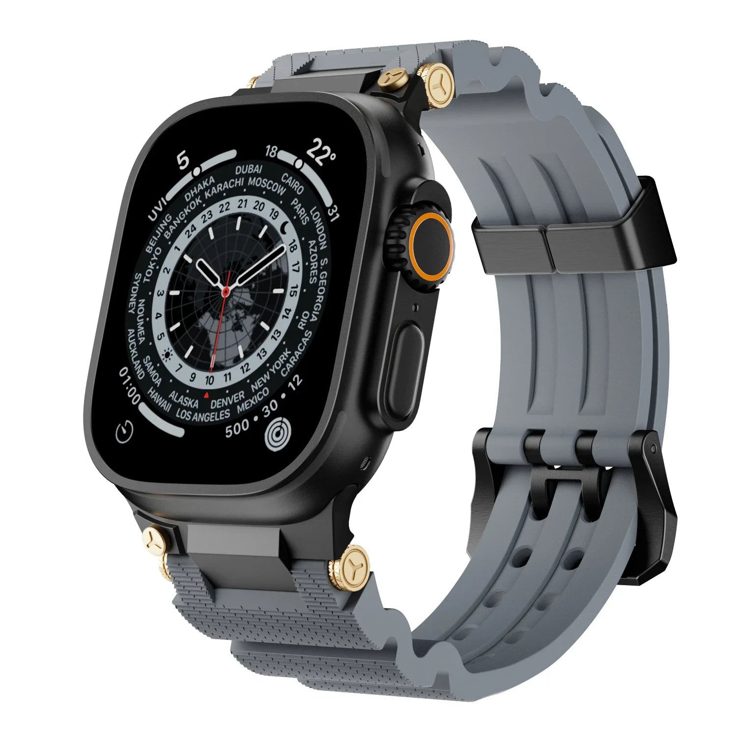 Apple Watch with gray silicone sports strap, waterproof, perfect for workouts and daily wear.