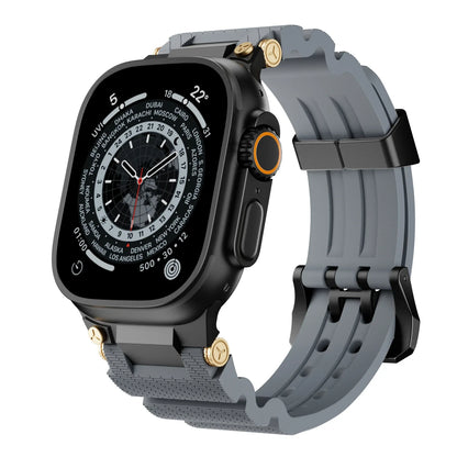 Apple Watch with gray silicone sports strap, waterproof, perfect for workouts and daily wear.