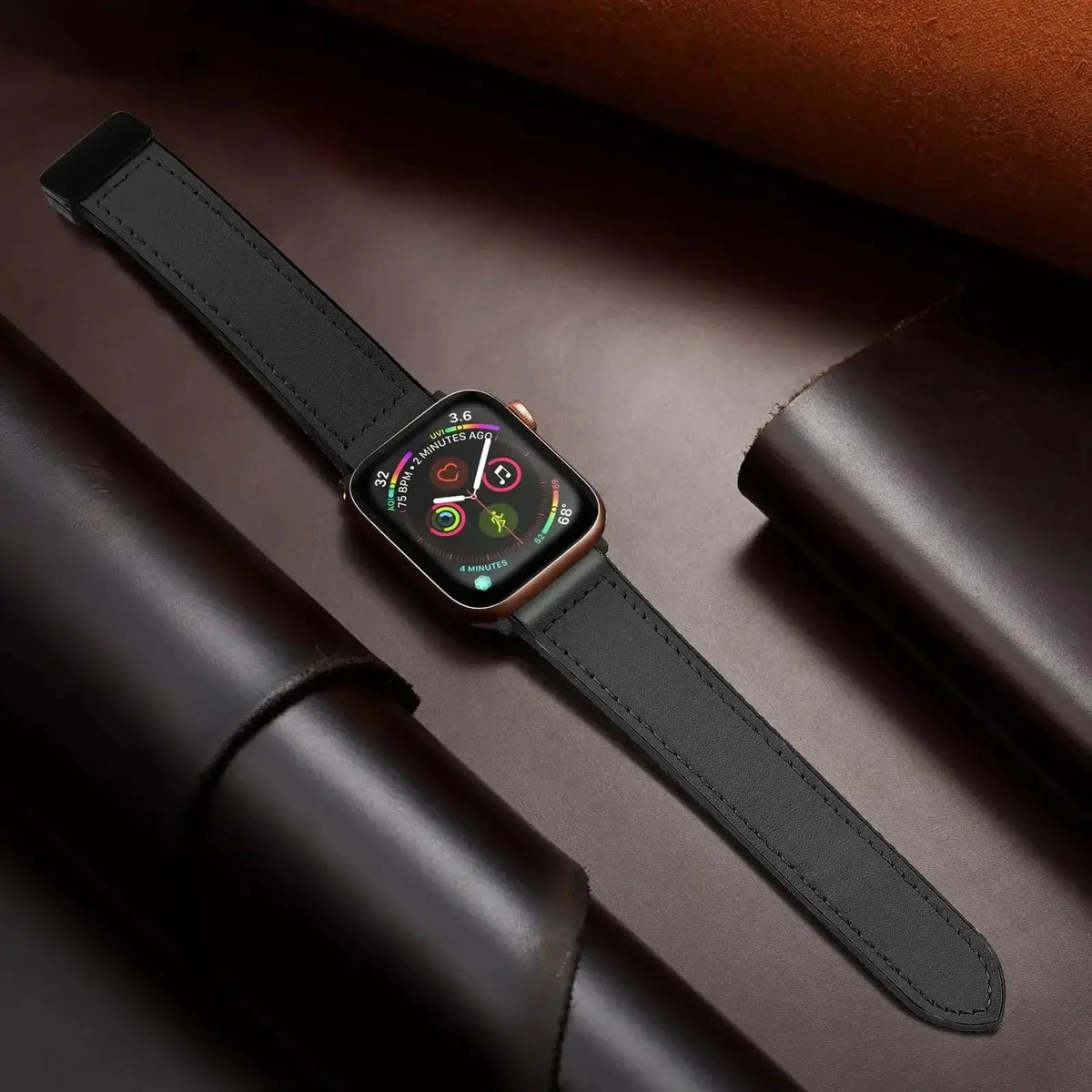 Black stitched leather Apple Watch band laid flat
