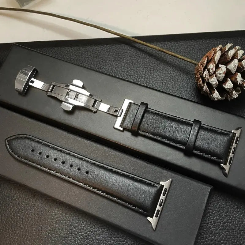 Leather Apple Watch Band with Folding Clasp in Silver / Black