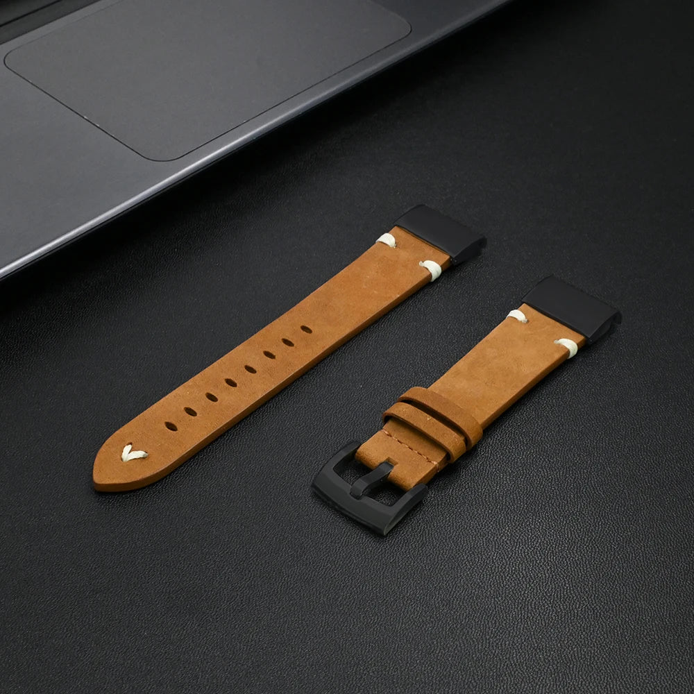 Garmin Leather Soft Strap in tan color, showcasing premium quality and adjustable fit for Garmin smartwatches.